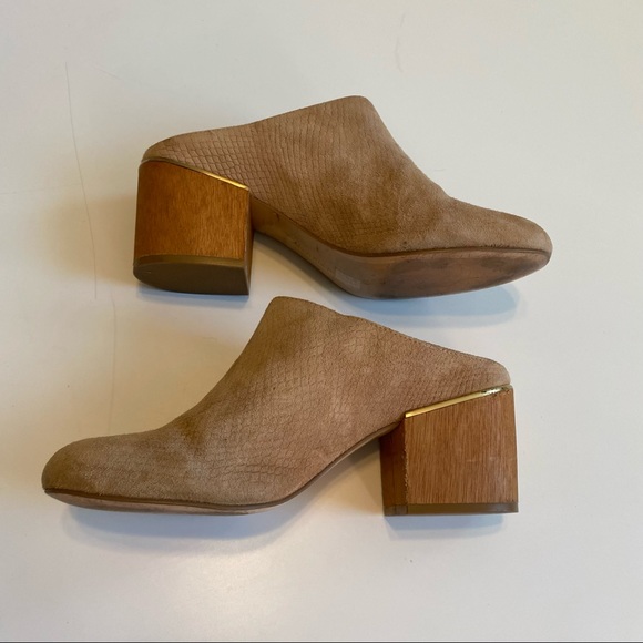 Calvin Klein Judia Suede Leather Mules Wood Block Chunk Heel Slip on Clogs Boots - Picture 10 of 16